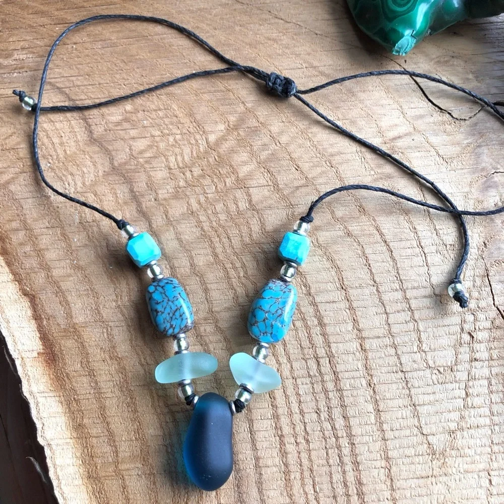 Blue‎ Sea Glass and Turquoise Beaded Necklace, Adjustable
